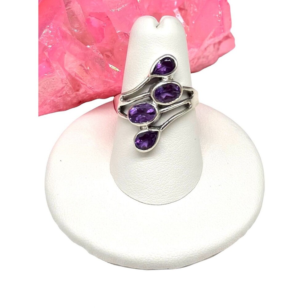 Amethyst Ring Solid 925 Sterling Silver Size 9 Multi Stone Statement